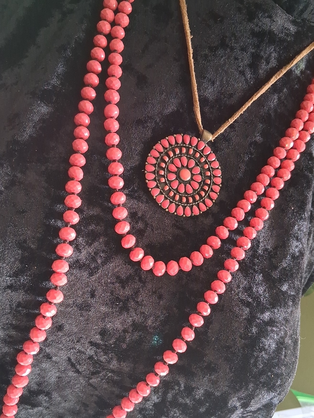 Nordstrom Coral Beaded Layered Necklace with Round Medallion Pendant